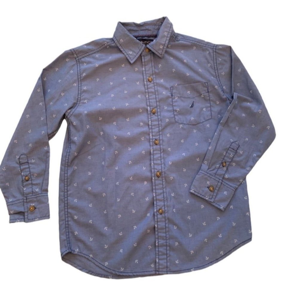 Medium (10/12)‎ Nautica Boys Youth Long Sleeve Blue Button Down Anchor Print